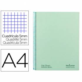 Cuaderno espiral navigator a4 micro tapa forrada 120h 80gr cuadro 5mm 5 bandas 4 taladros color menta