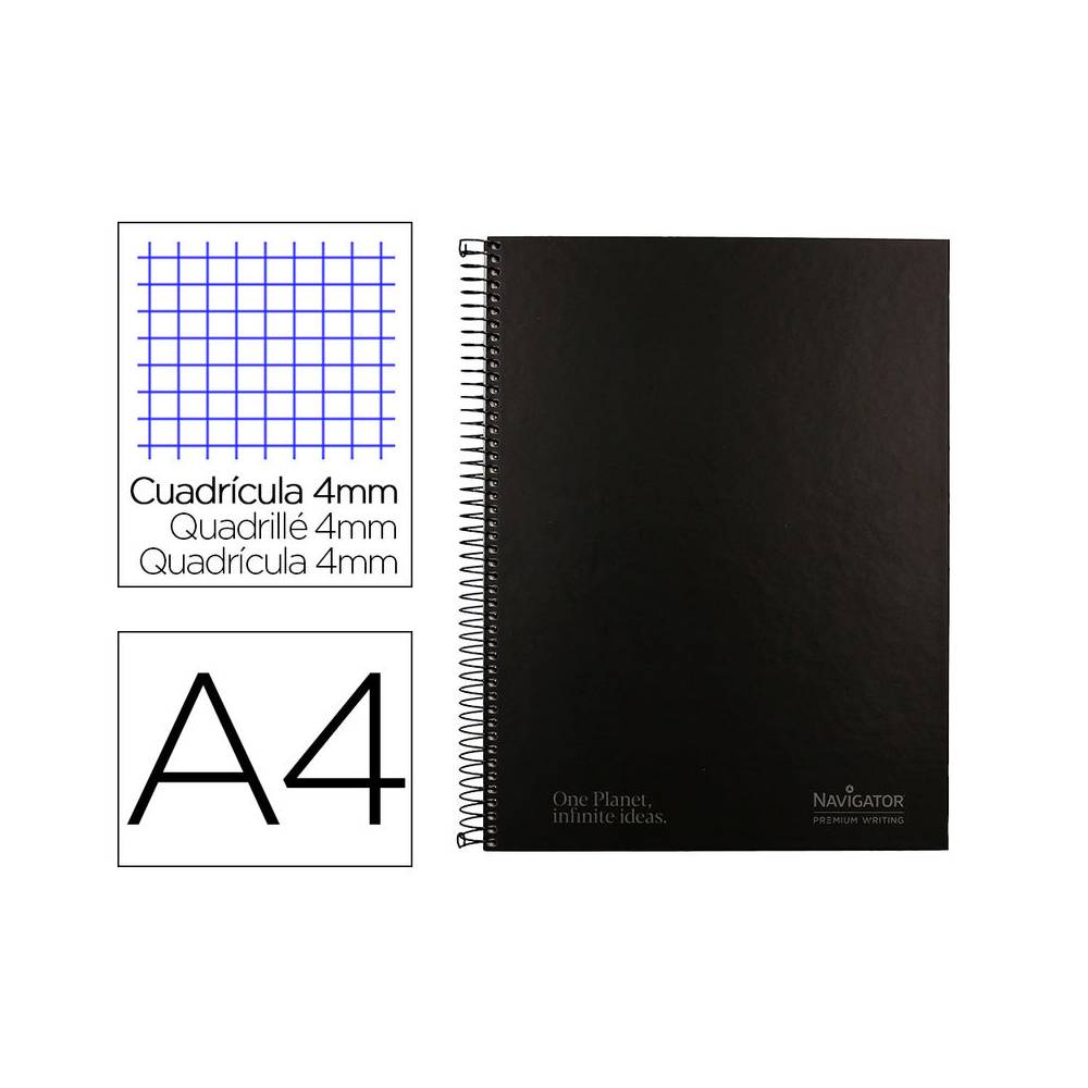 Cuaderno espiral navigator a4 tapa dura 80h 80gr cuadro 4mm con margen negro