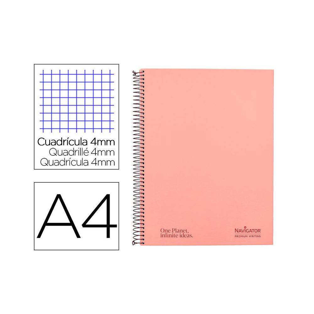 Cuaderno espiral navigator a4 tapa dura 80h 80gr cuadro 4mm con margen coral