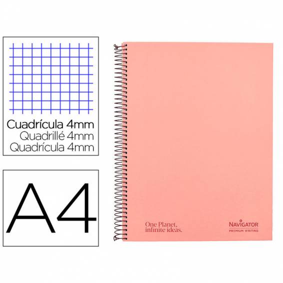 Cuaderno espiral navigator a4 tapa dura 80h 80gr cuadro 4mm con margen coral