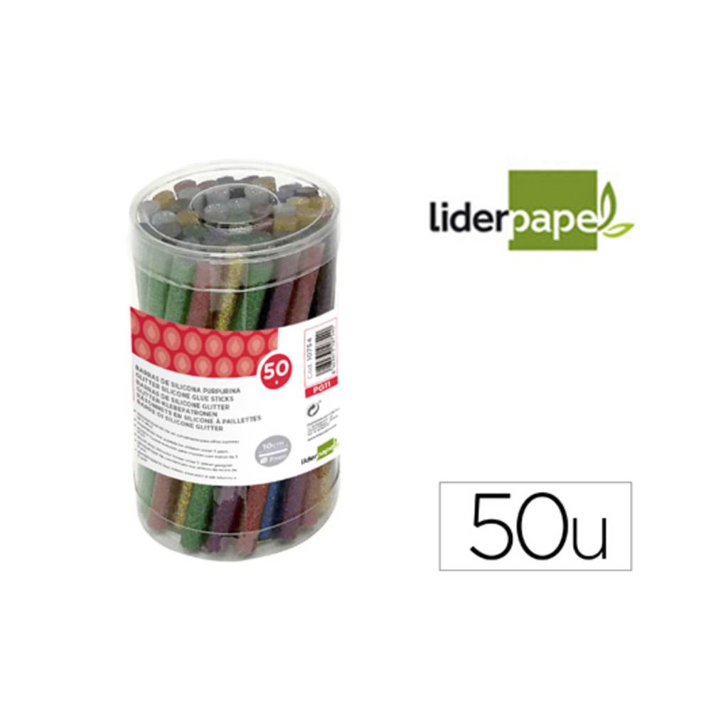 Barra termofusible purpurina liderpapel 7 mm diametro x 100 mm de alto bote 50 unidades colores surtidos