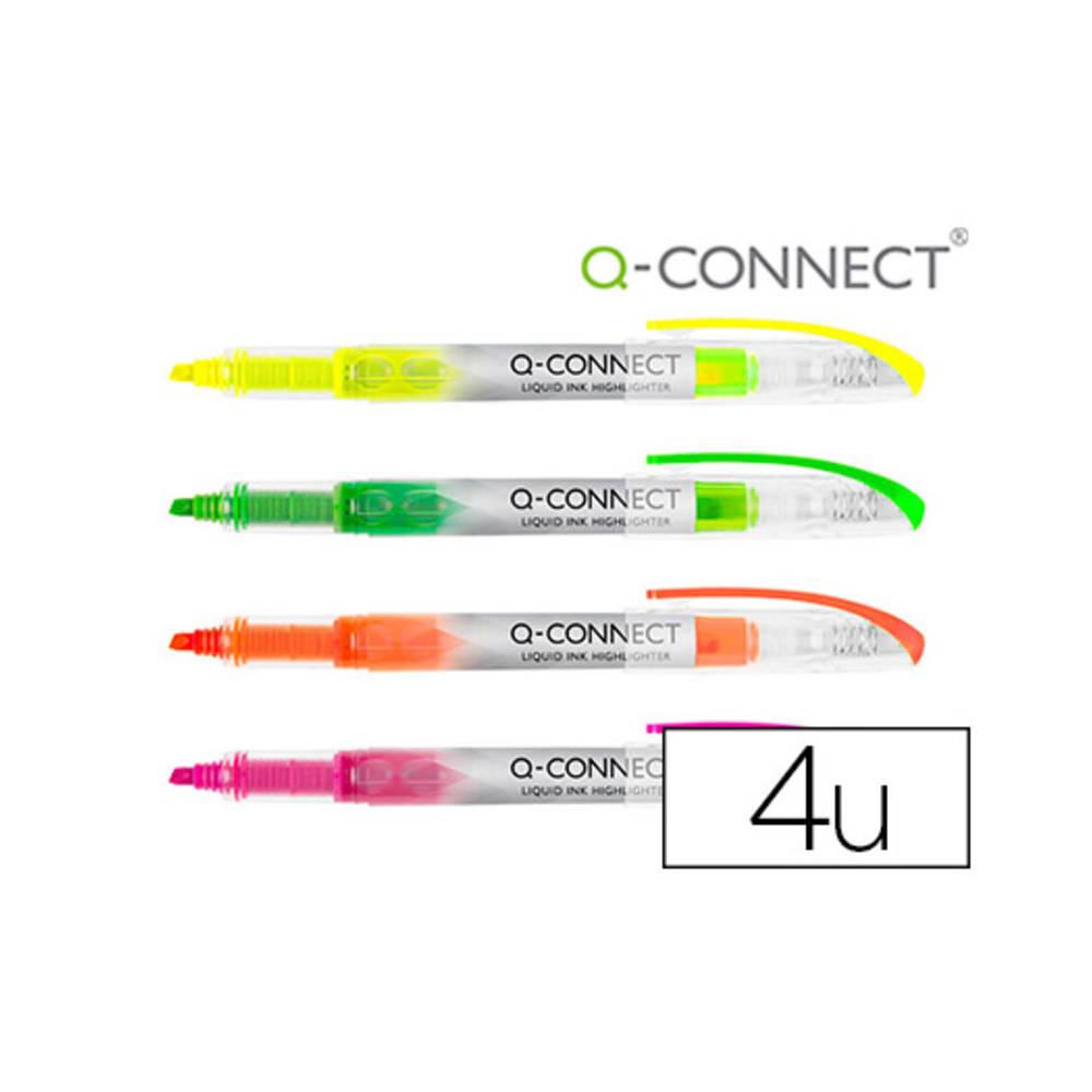 Rotulador q-connect fluorescente punta biselada tinta liquida bolsa de 4 unidades colores surtidos