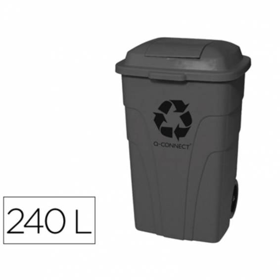 Papelera contenedor q-connect plastico con tapadera 240l color gris 1040x610x610 mm con ruedas