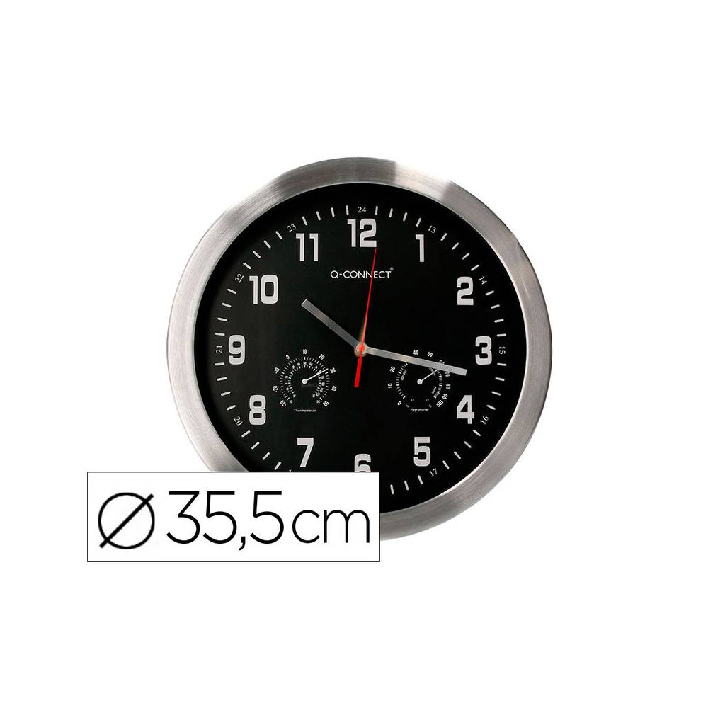 Reloj q-connect de pared metalico redondo 35,5 cm movimiento silencioso color cromado con esfera negra