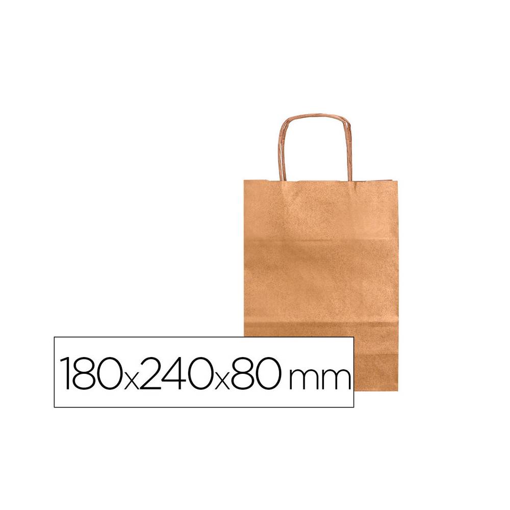 Bolsa papel q-connect kraft natural liso xs con asa retorcida 180x240x80 mm