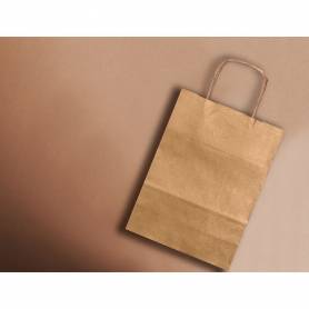 Bolsa papel q-connect kraft natural liso xs con asa retorcida 180x240x80 mm