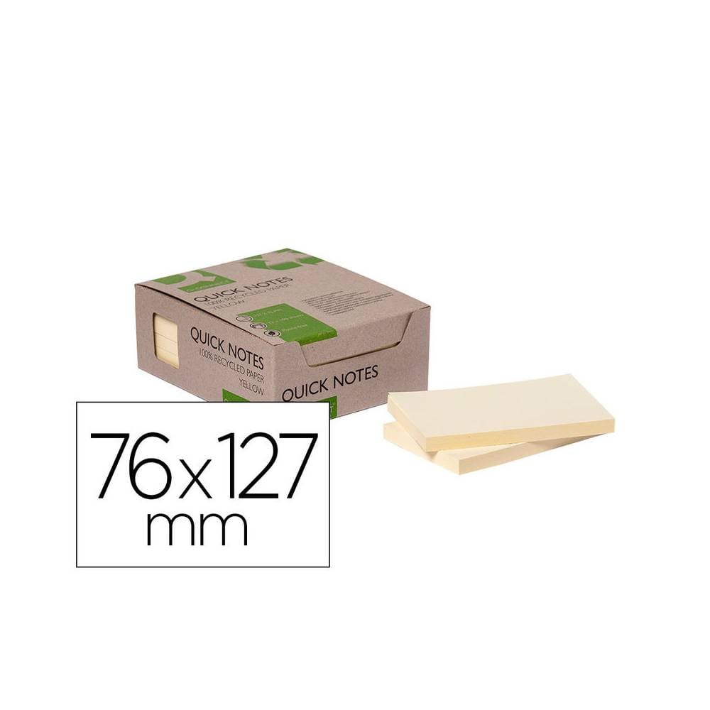 Bloc de notas adhesivas quita y pon q-connect 76x127 mm 100% papel reciclado amarillo en caja de carton