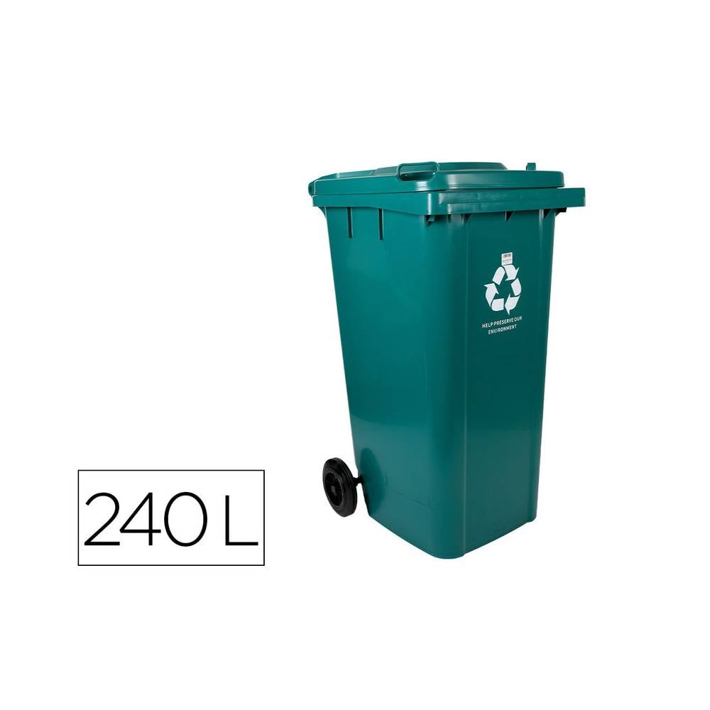 Papelera contenedor q-connect plastico con tapadera y ruedas 240 litros verde 1040x620x610 mm