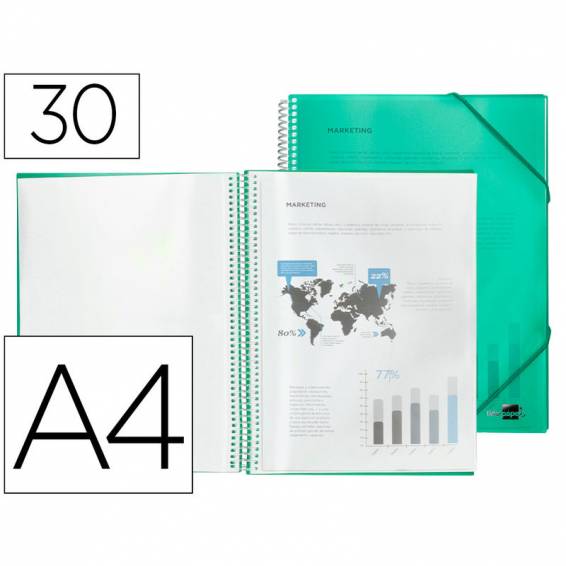 Carpeta liderpapel escaparate con espiral 30 fundas polipropileno din a4 verde