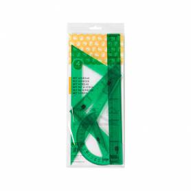 Juego escuadra cartabon regla 30 cm y semicirculo en petaca liderpapel verde