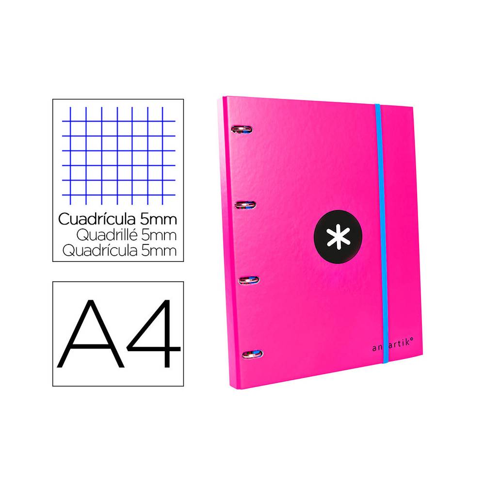 Carpeta con recambio liderpapel antartik a4 cuadro 5mm forrada 4 anillas 25mm redondas color rosa