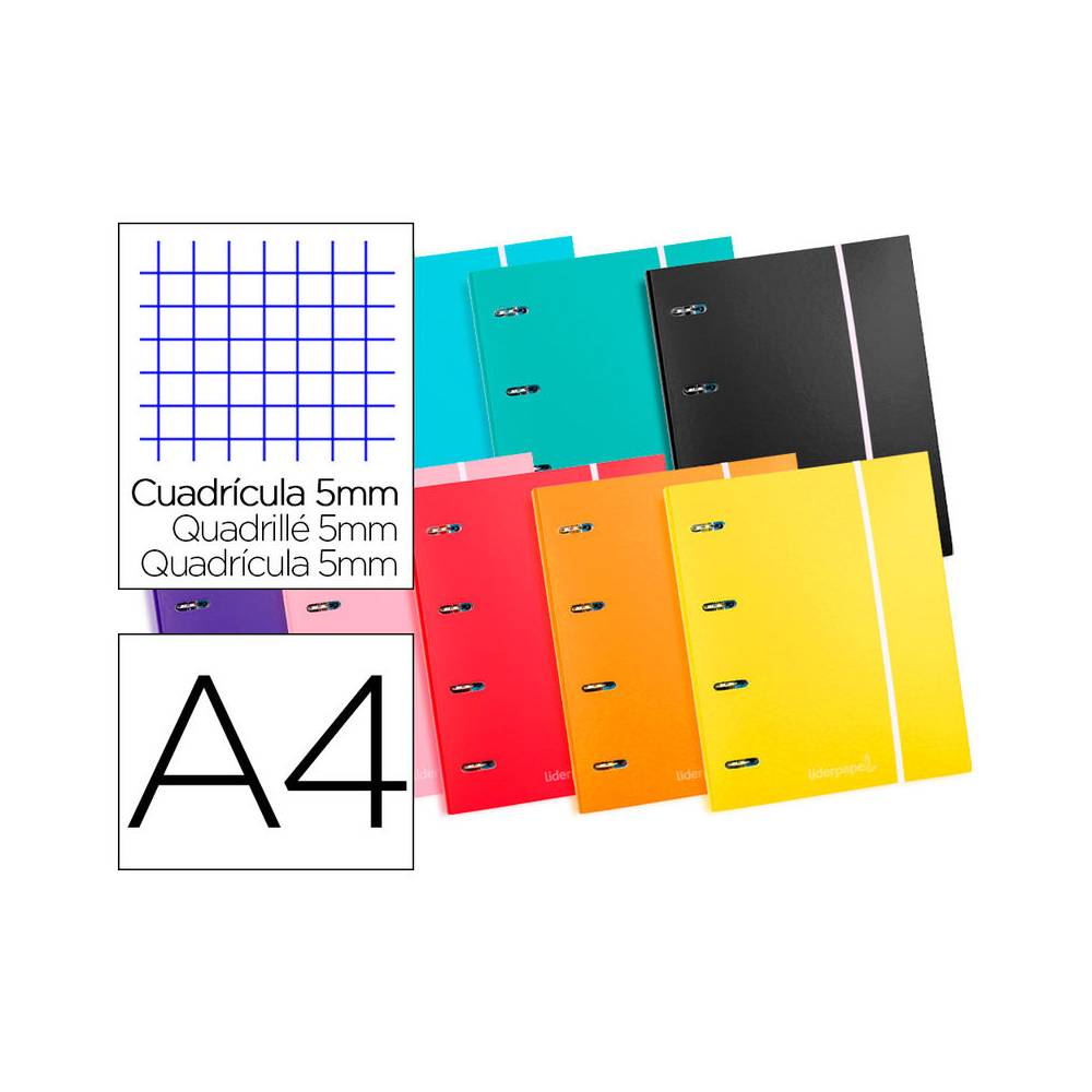 Carpeta con recambio liderpapel a4 cuadro 5 mm 120 hojas 80 g forrada 4 anillas 40 mm redondas