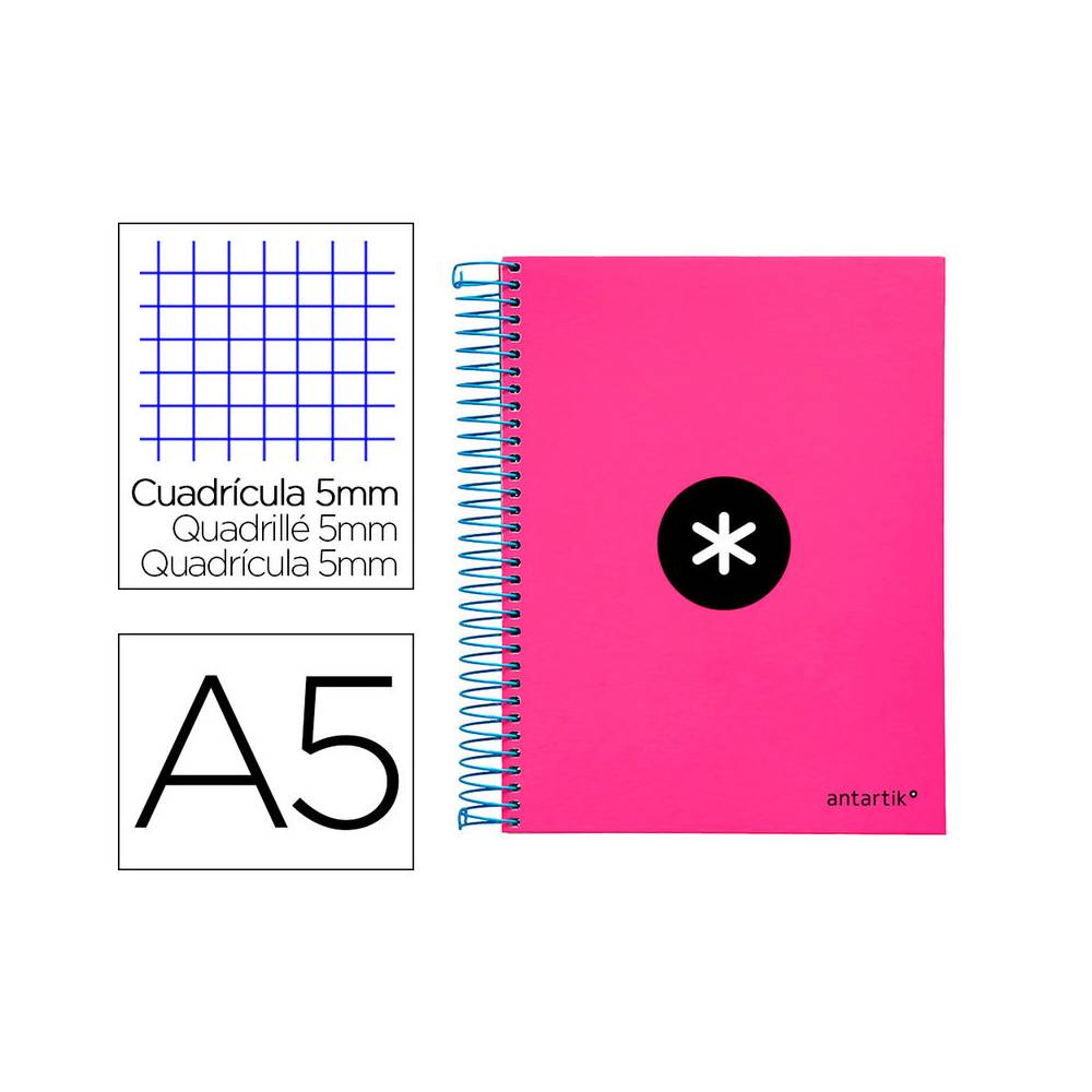 Cuaderno espiral liderpapel a5 micro antartik tapa forrada120h 100 gr cuadro 5mm 5 bandas 6 taladros color rosa