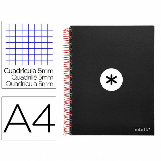 Cuaderno espiral liderpapel a4 micro antartik tapa forrada120h 100 gr cuadro 5mm 5 bandas 4 taladros color negro