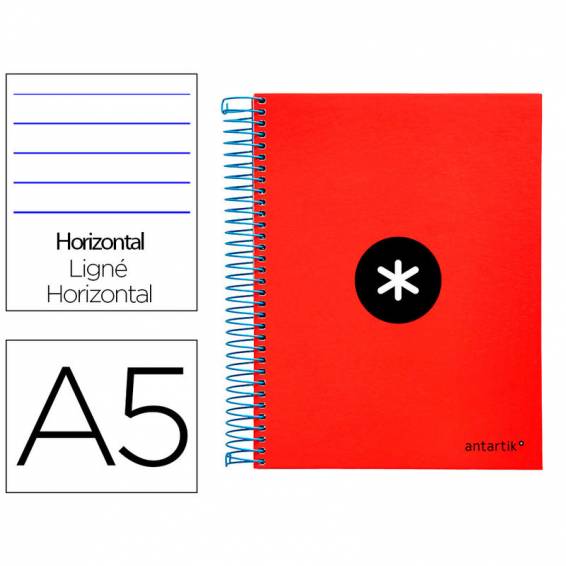 Cuaderno espiral liderpapel a5 micro antartik tapa forrada 120h 90 gr horizontal 5 bandas 6 taladros color rojo