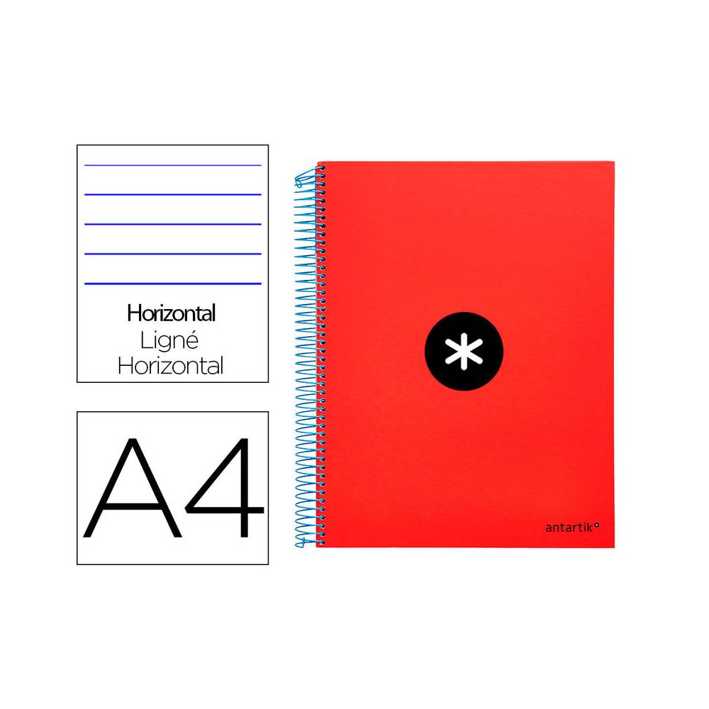 Cuaderno espiral liderpapel a4 micro antartik tapa forrada 120h 100 gr horizontal 5 bandas 4 taladros color rojo