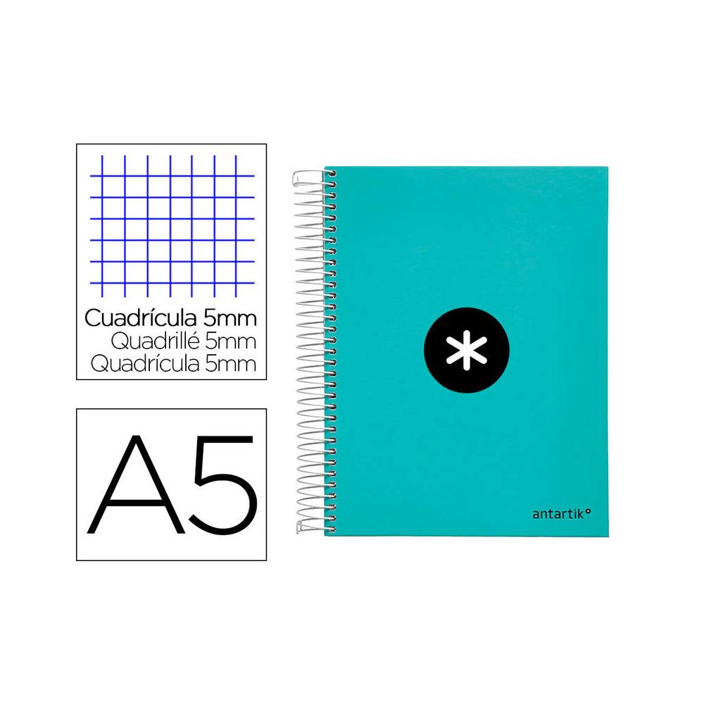 Cuaderno espiral liderpapel a5 micro antartik tapa forrada120h 90 gr cuadro 5 mm 5 banda6 taladros color menta