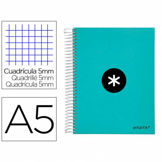 Cuaderno espiral liderpapel a5 micro antartik tapa forrada120h 90 gr cuadro 5 mm 5 banda6 taladros color menta