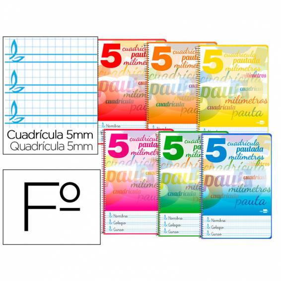 Cuaderno espiral liderpapel folio pautaguia tapa dura 80h 75 gr cuadro pautado 5mmcon margen colores surtidos