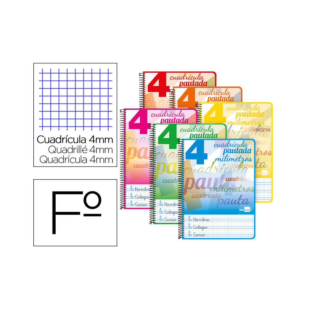 Cuaderno espiral liderpapel folio pautaguia tapa dura 80h 75 gr cuadro pautado 4mmcon margen colores surtidos