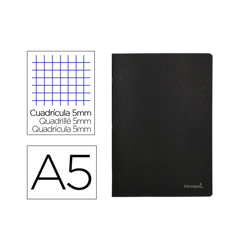 Libreta liderpapel tapa negra a5 80 hojas 60g/m2 cuadro 5mm con doble margen