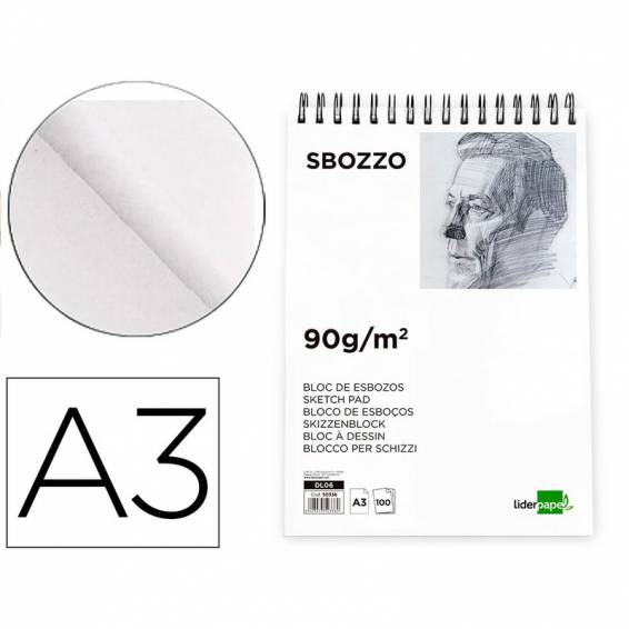 Bloc dibujo liderpapel esbozos espiral a3 297x420mm 100 hojas 90gr/m2 sin recuadro