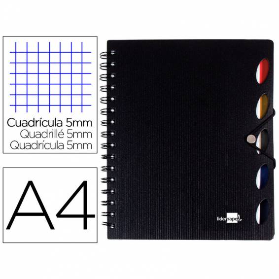 Cuaderno espiral liderpapel a4 micro executive tapa plastico 100h 80 gr cuadro 5mm 5 separadores con gomilla negro