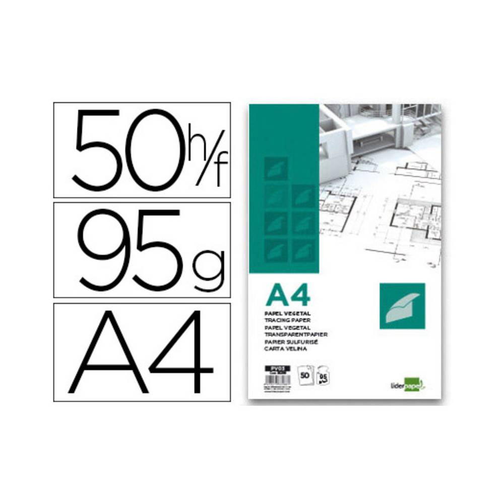 Bloc papel vegetal liderpapel encolado 210x297mm 50 hojas 95g/m2