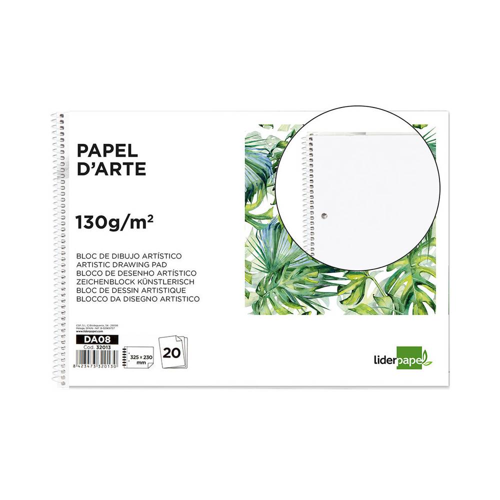 Bloc dibujo liderpapel artistico espiral 230x325mm 20 hojas 130g/m2 sin recuadro 2 taladros perforado