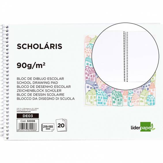 Bloc dibujo liderpapel escolar espiral 155x215mm 20 hojas 90 gr/m2 sin recuadro