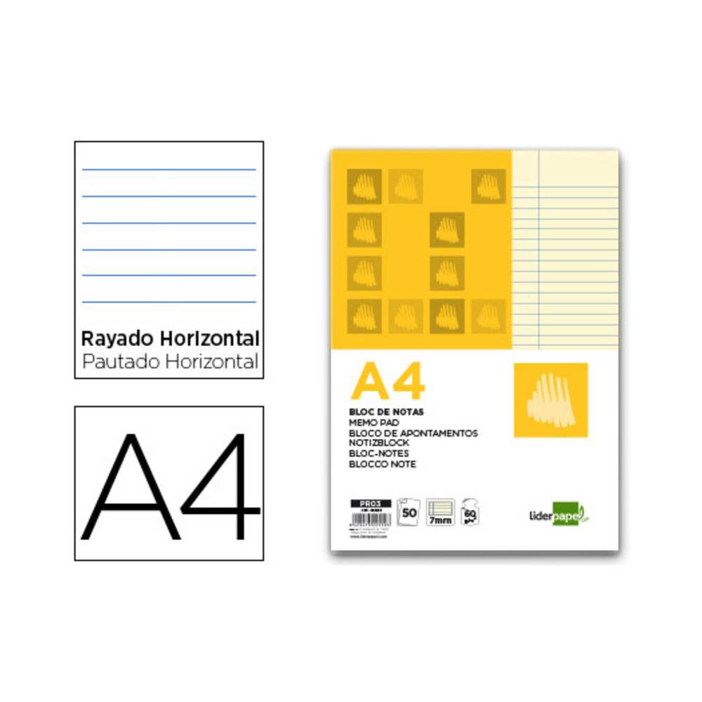 Bloc notas liderpapel horizontal a4 50 hojas amarillas 60g/m2 encolado