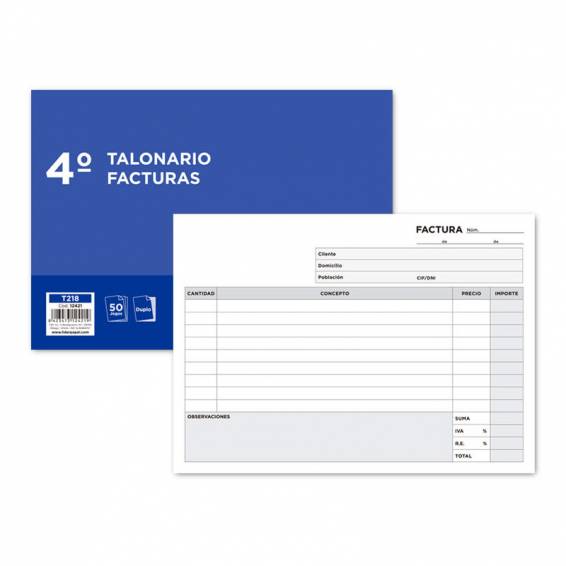 Talonario liderpapel facturas cuarto original y copia t218 apaisado con i.v.a.