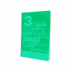 Cuaderno espiral liderpapel folio pautaguia tapa plastico 80h 75gr cuadro pautado 3mm con margen color verde