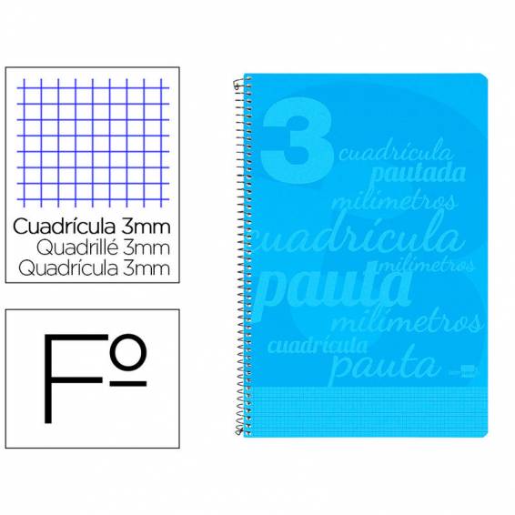 Cuaderno espiral liderpapel folio pautaguia tapa plastico 80h 75gr cuadro pautado 3mm con margen color azul