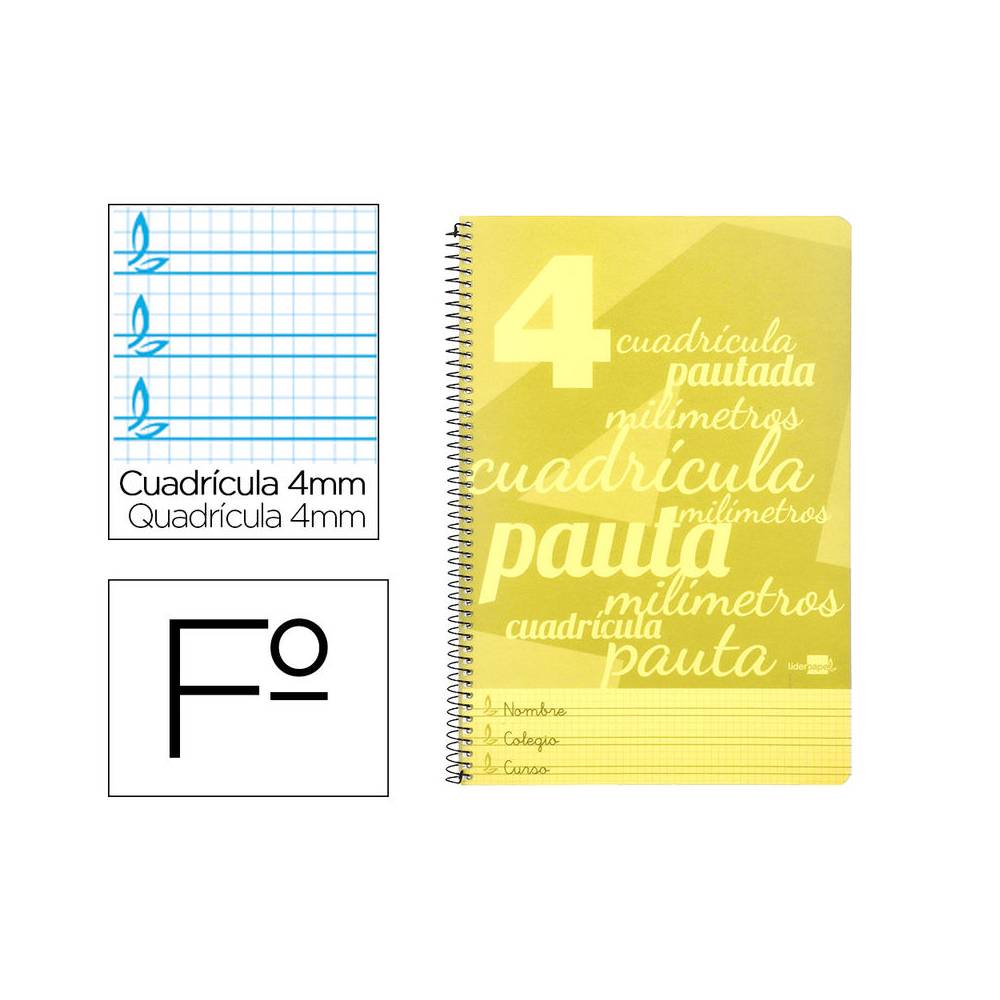 Cuaderno espiral liderpapel folio pautaguia tapa plastico 80h 75gr cuadro pautado 4mm con margen color amarillo