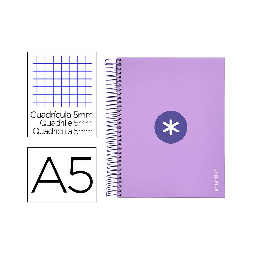 Cuaderno espiral liderpapel a5 micro antartik tapa forrada120h 90 gr cuadro 5mm 5 banda 6 taladros color lavanda