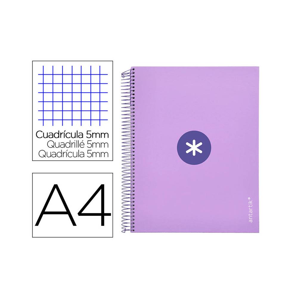 Cuaderno espiral liderpapel a4 micro antartik tapa forrada120h 100 gr cuadro 5mm 5 banda4 taladros color lavanda