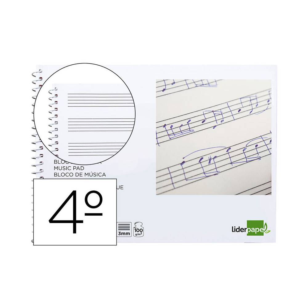 Bloc musica liderpapel pentagrama 3mm cuarto 20 hojas 100g/m2