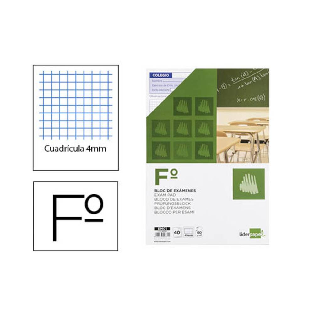 Bloc examenes liderpapel cuadro 4mm folio 40 hojas 60g/m2