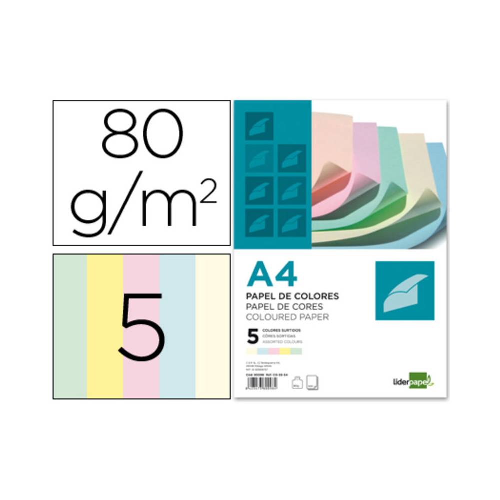 Papel color liderpapel a4 80gr 5 colores surtidos paquete de 500 hojas