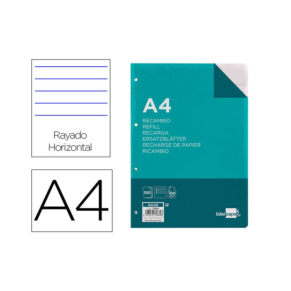 Recambio liderpapel a4 100 hojas 100 g/m2 rayado horizontal con margen 4 taladros