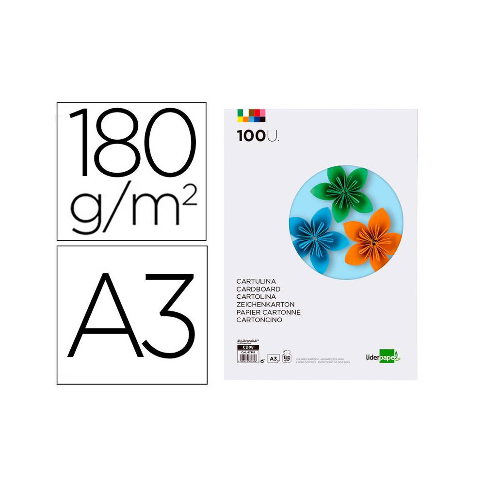 Cartulina liderpapel a3 180g/m2 10 colores surtidos paquete 100 hojas