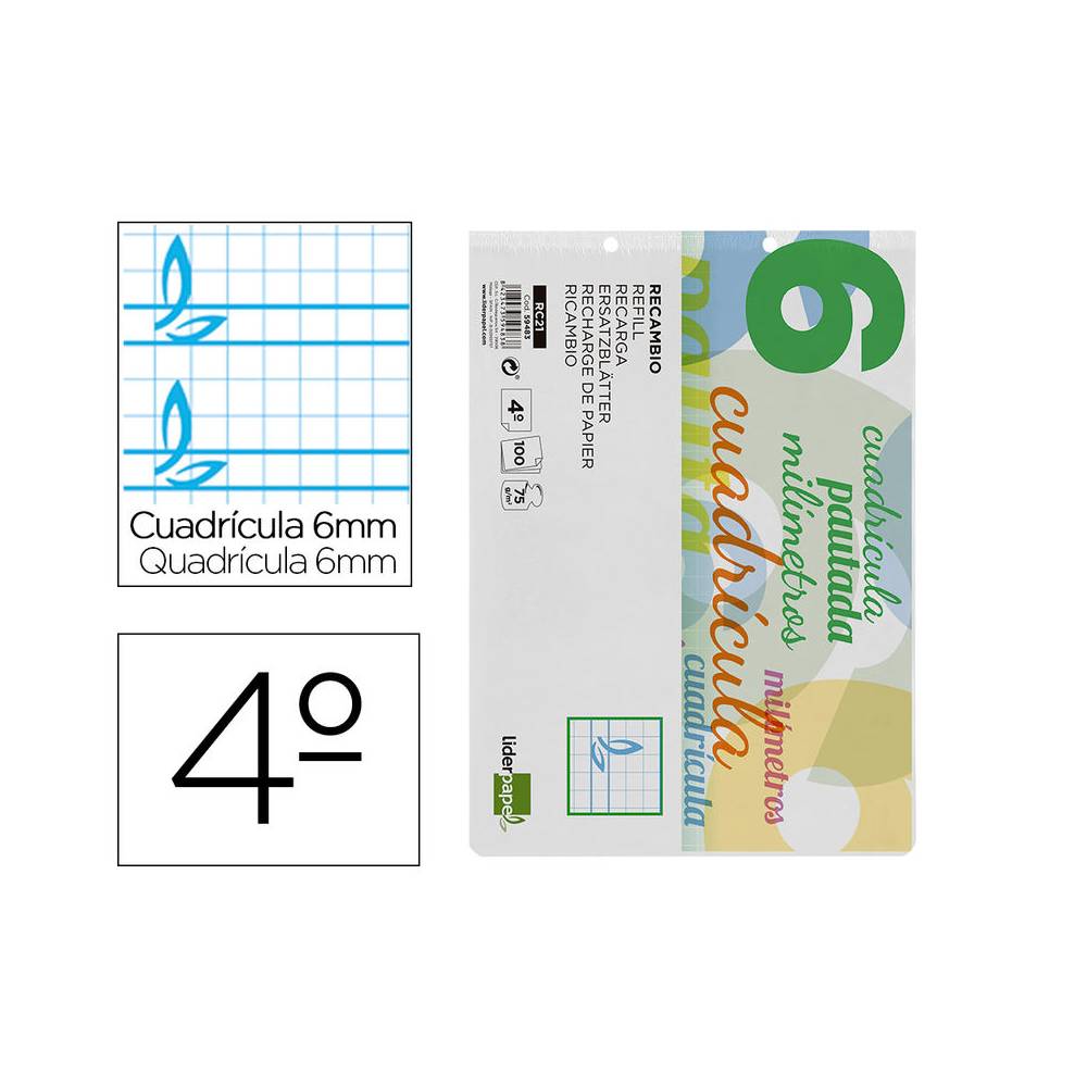 Recambio liderpapel cuarto apaisado pautaguia 100 hojas 75 g cuadriculado pautado 6 mm con margen 2 taladros