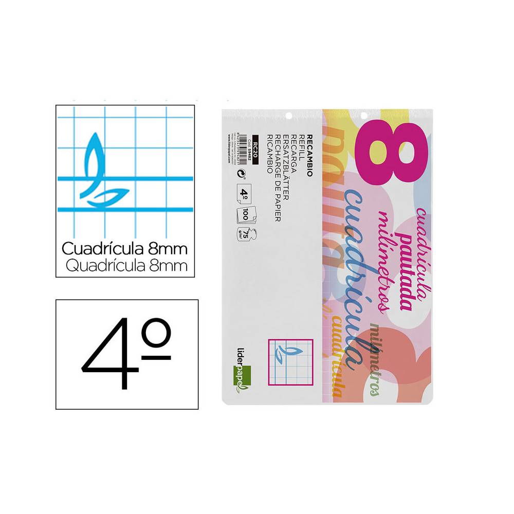 Recambio liderpapel cuarto apaisado pautaguia 100 hojas 75 g cuadriculado pautado 8 mm con margen 2 taladros