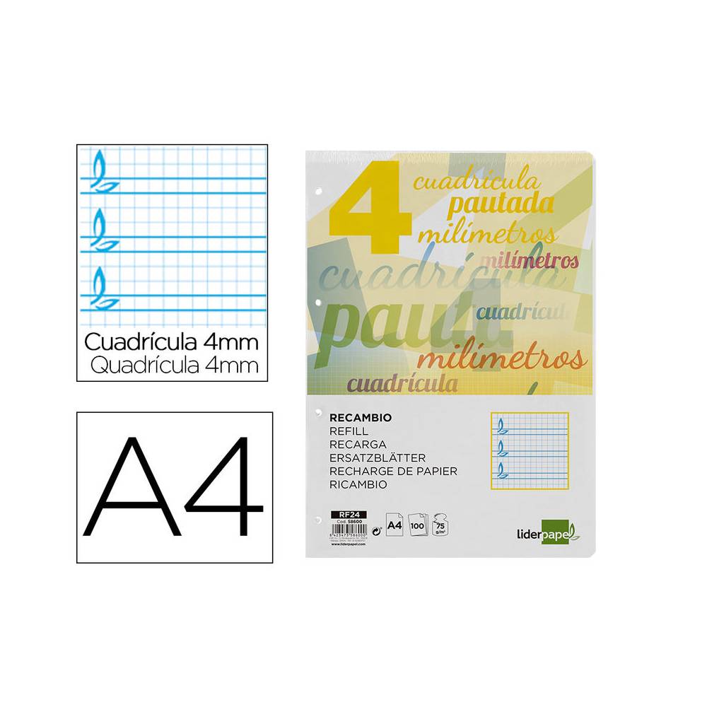 Recambio liderpapel a4 pautaguia 100 hojas 75 g cuadriculado pautado 4 mm con margen 4 taladros