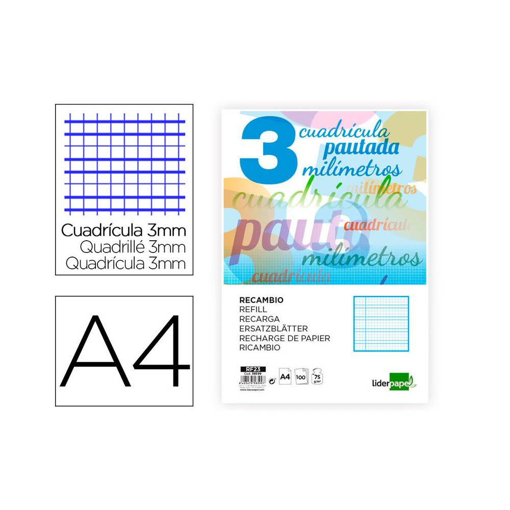 Recambio liderpapel a4 pautaguia 100 hojas 75 g cuadriculado pautado 3 mm con margen 4 taladros