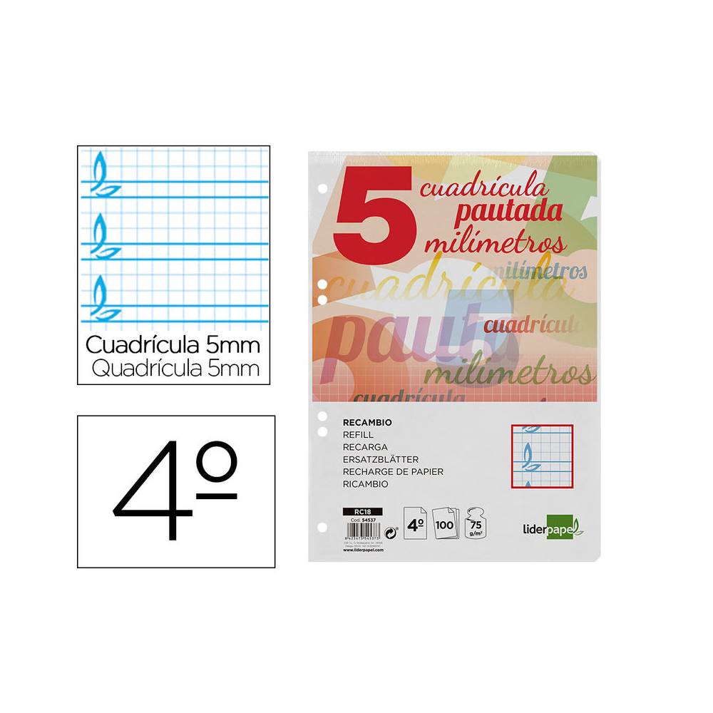 Recambio liderpapel cuarto pautaguia 100 hojas 75 g cuadriculado pautado 5 mm con margen 6 taladros