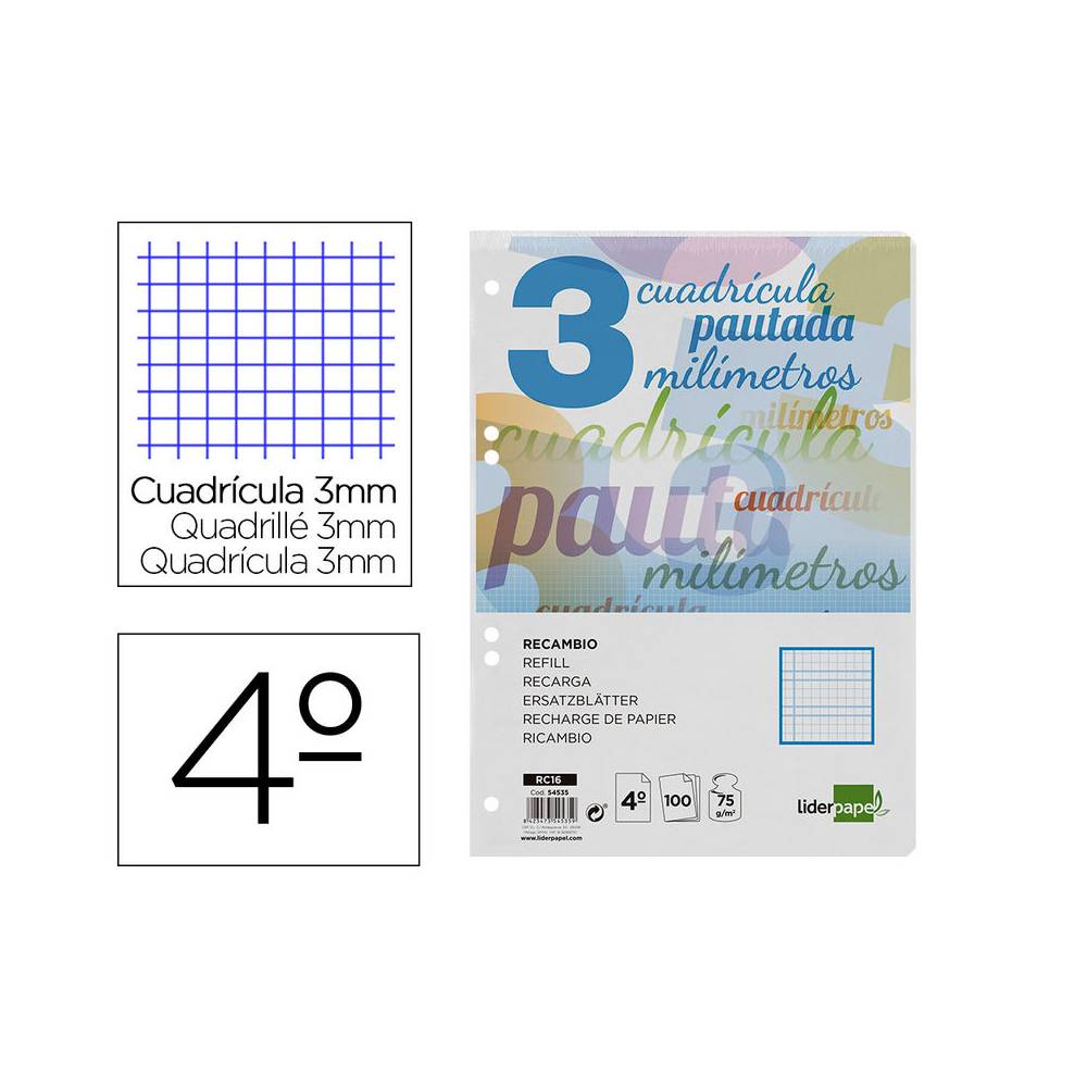 Recambio liderpapel cuarto pautaguia 100 hojas 75 g cuadriculado pautado 3 mm con margen 6 taladros