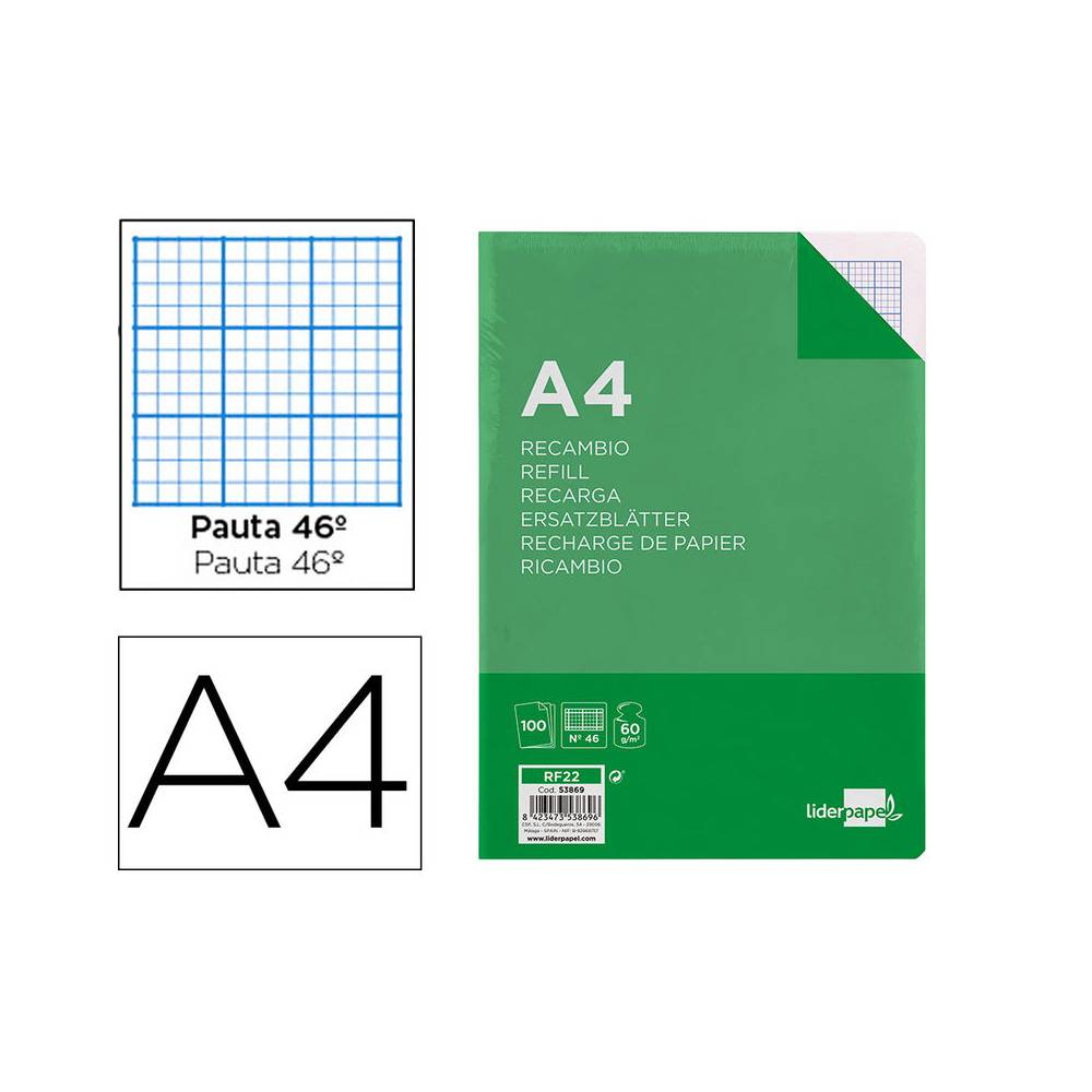 Recambio liderpapel a4 100 hojas 60g/m2 rayado nº 46 4 taladros