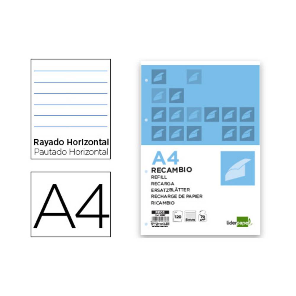 Recambio liderpapel a4 120 hojas 70g/m2 horizontal sin margen 4 taladros bandas de 5 colores